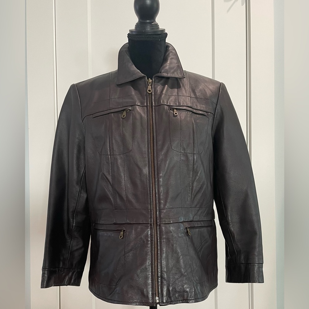 Alfani dark brown leather zip front jacket